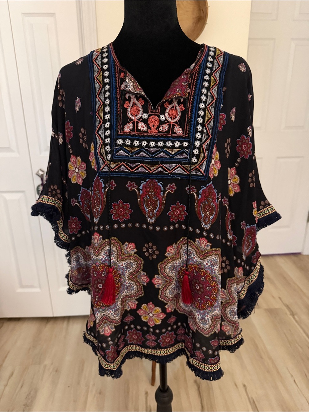 Embroidered Boho Tunic Top - Black with Red Floral Accents